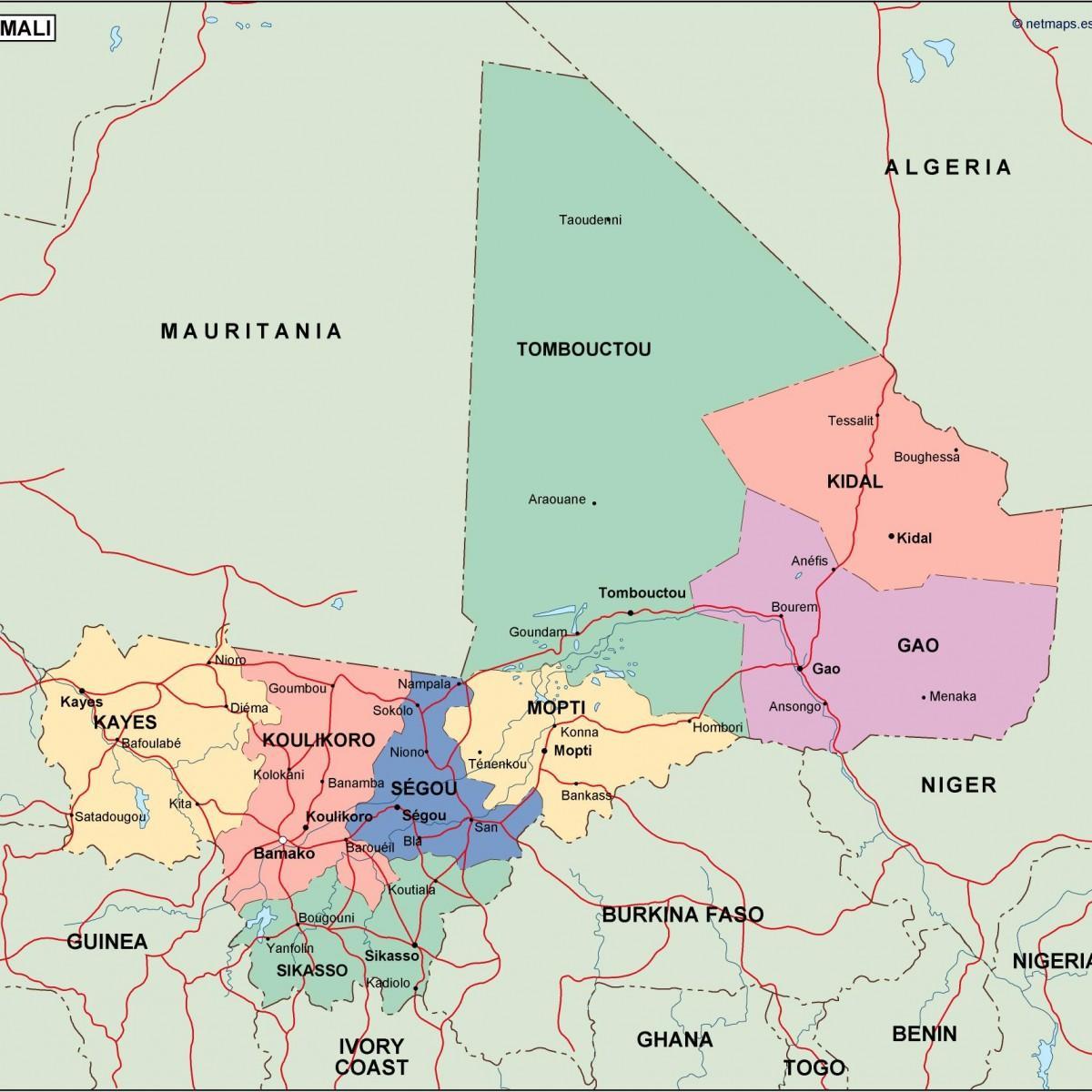 Mapa político do Mali